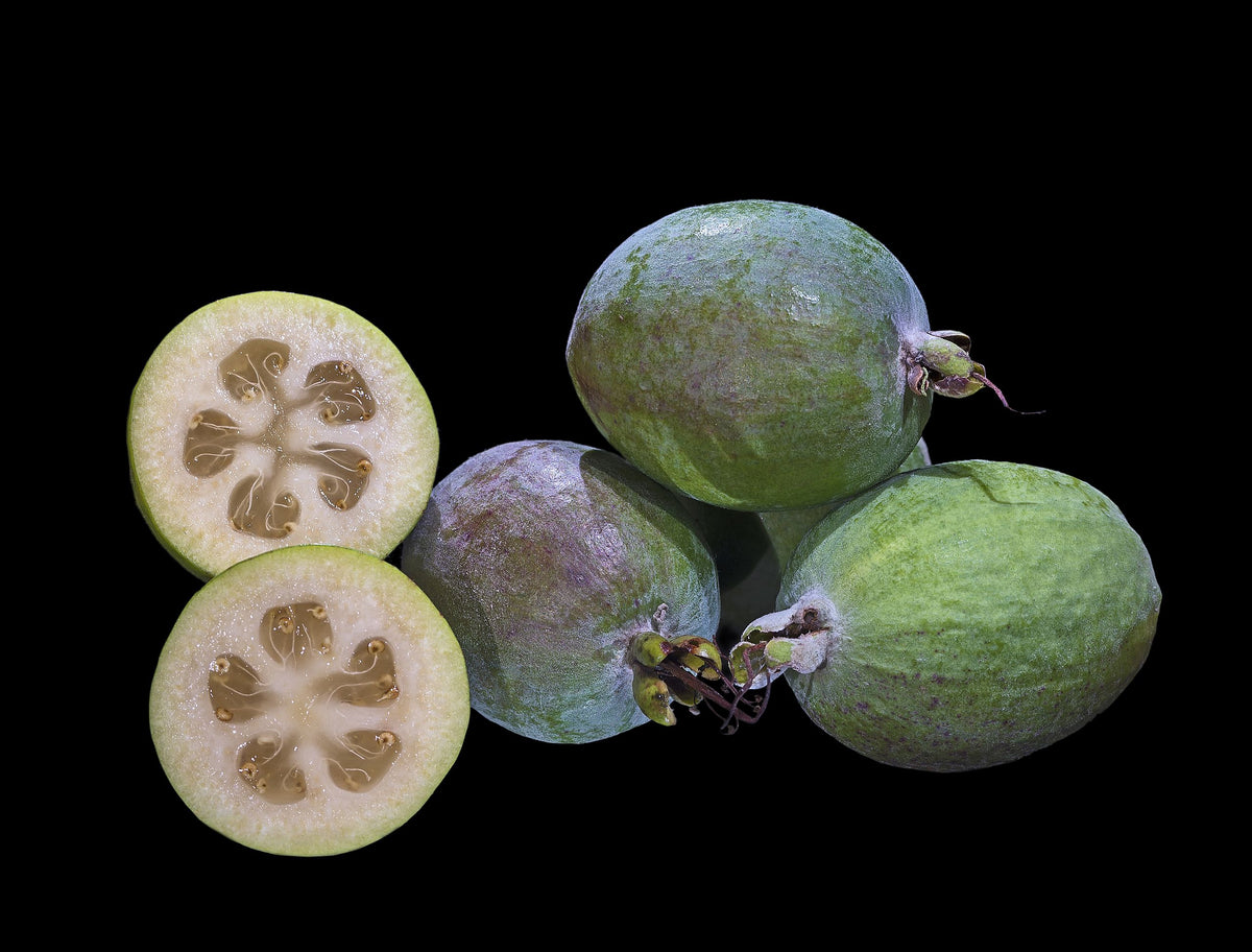 Frugter af Feijoa (Acca sellowiana). Både hele og skåret over
