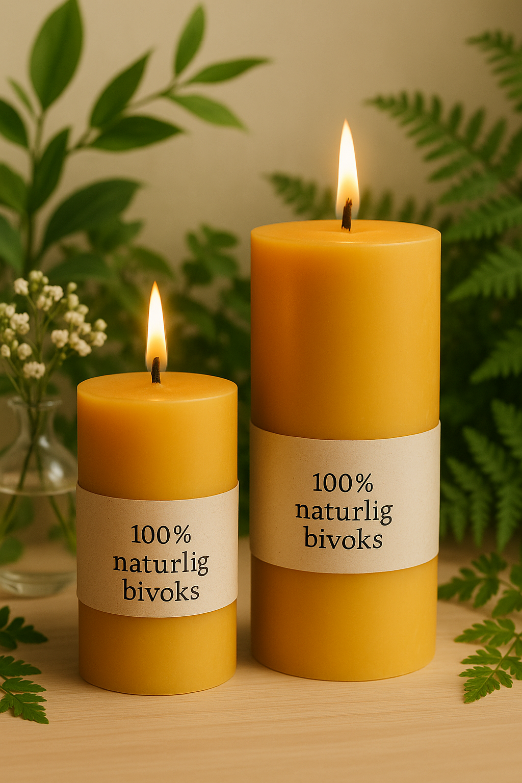 Bloklys i ren bivoks på 7,5 cm og 14 cm som står ved siden af hinanden