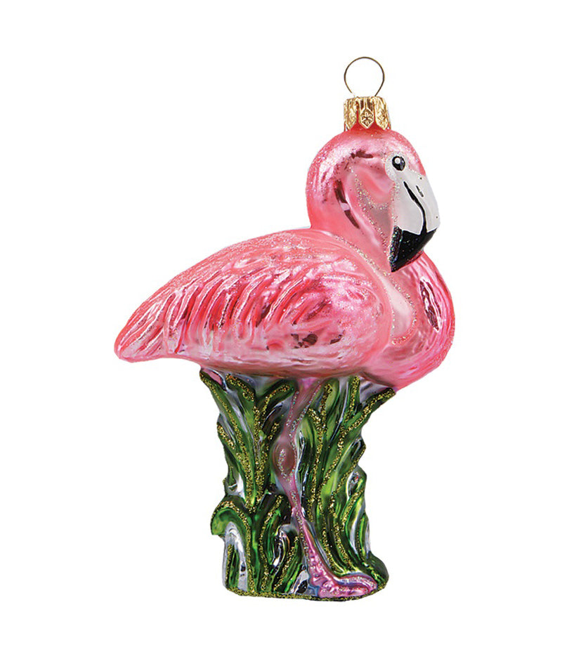 Glas julekugle, der forestiller en flamingo
