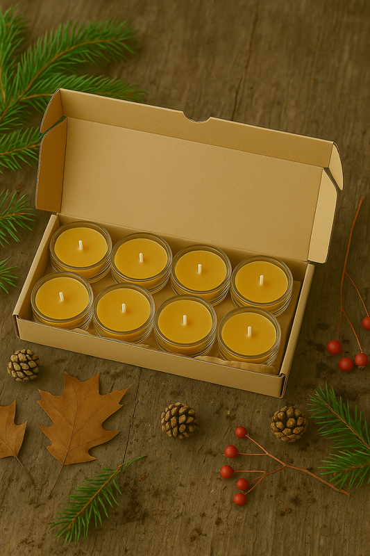8 stk. fyrfadslys i ren bivoks, der står i hver sin lille glasstage. Arrangeret fint i en æske på en bord med efterårsstemning