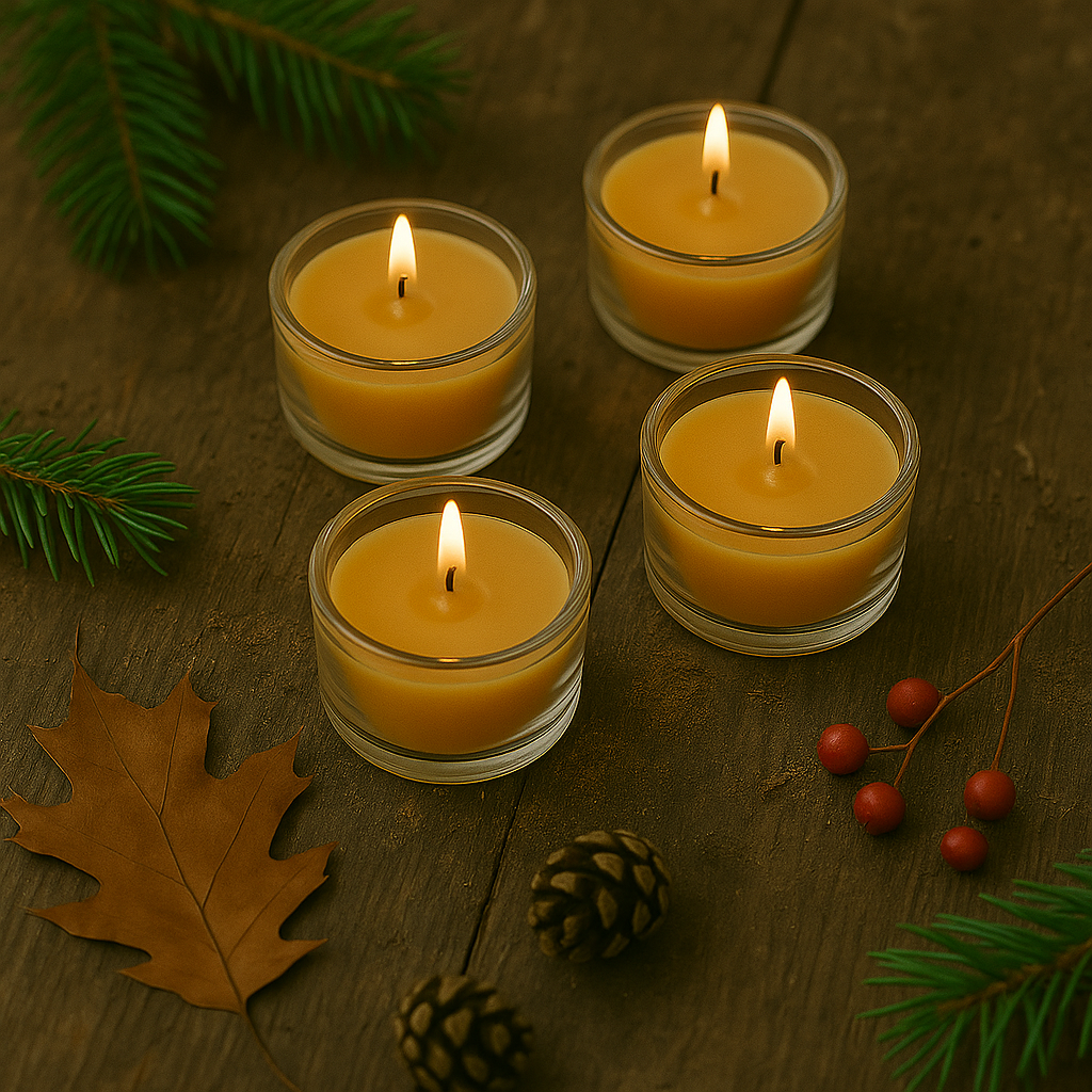 8 fyrfadslys i ren bivoks, der står tændt på et efterårsbord