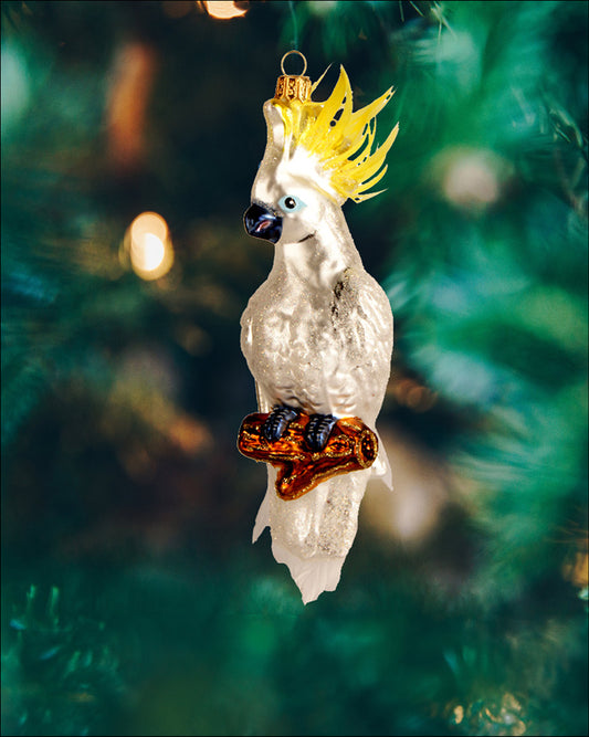 Smuk kakadue papegøje julekugle i glas hængende i juletræet