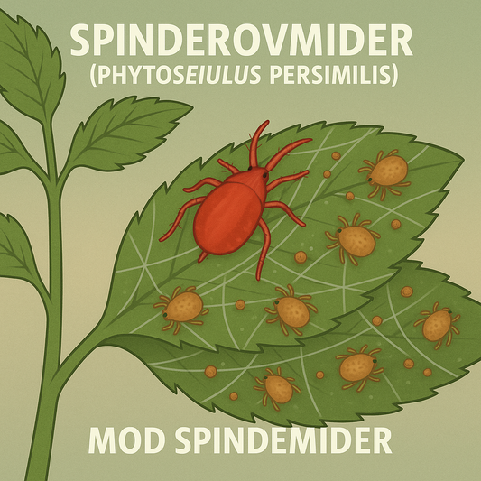 Fin illustration af rød Spinderovmider (Phytoseiulus persimilis) på et blad med spindemider omkring