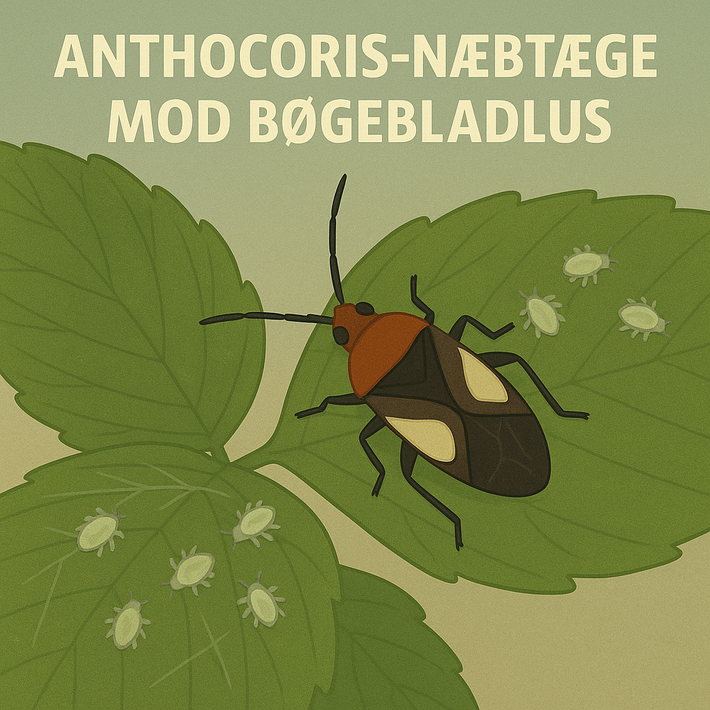 Fin illustration af Anthocoris-næbtæge i nogle bøgeblade med bøgebladlus