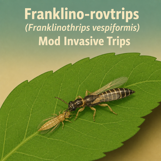 Fin illustration af Franklino-rovtrips (Franklinothrips vespiformis), der spiser en trips