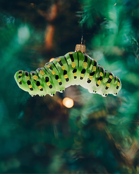 Fin lille grøn larve julekugle i glas hængende i juletræet