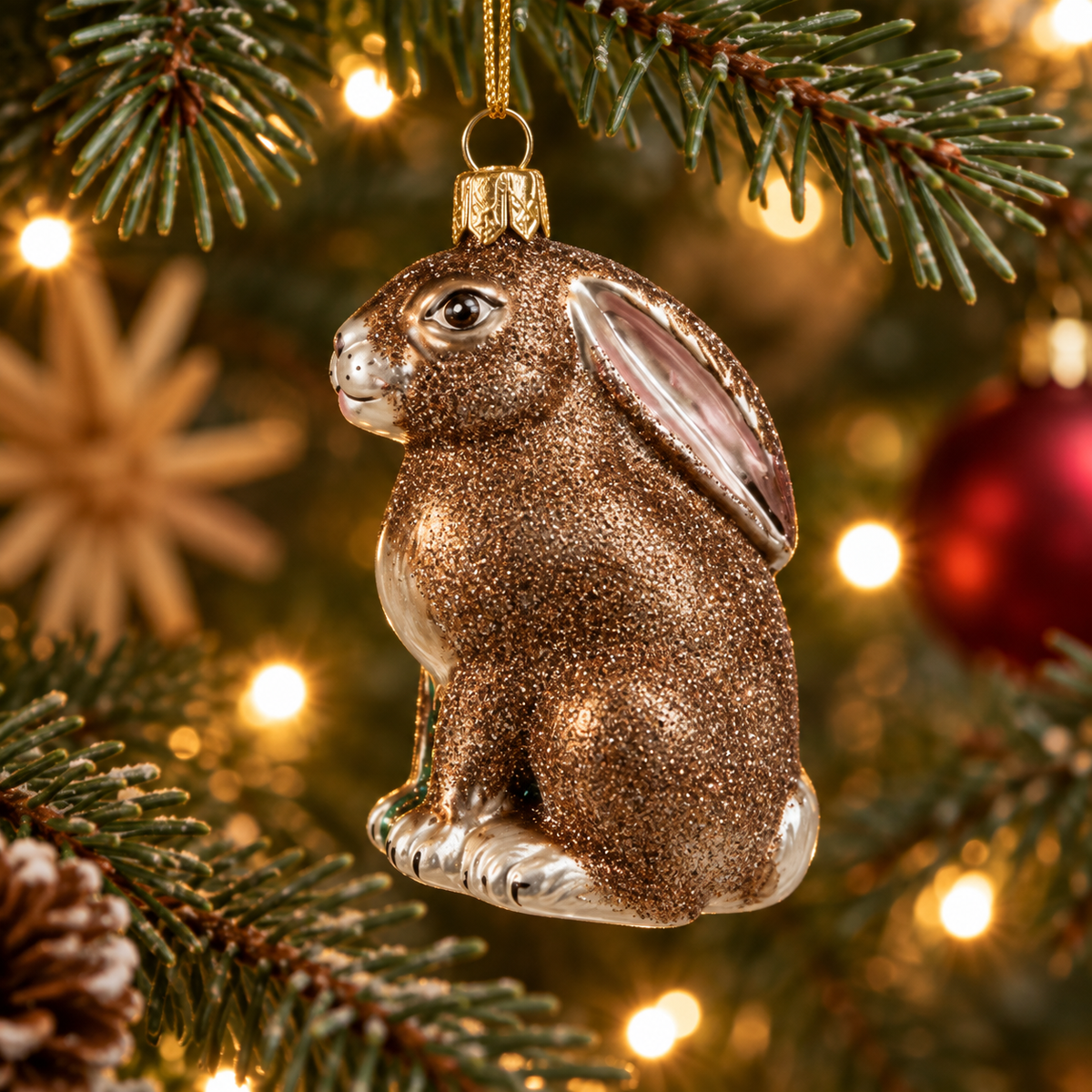 Flot kanin julekugle i mundblæst glas og håndmalet. Hængende på et juletræ