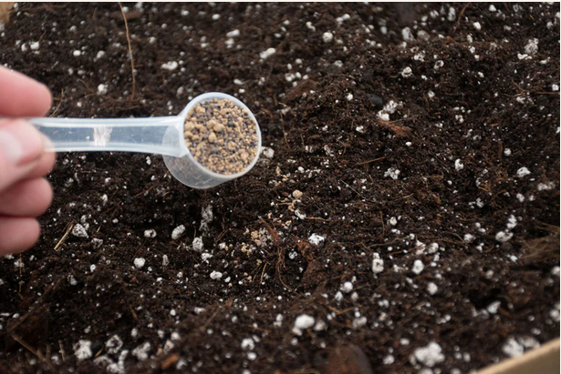 Måleske med granulat af økologisk plantegødning