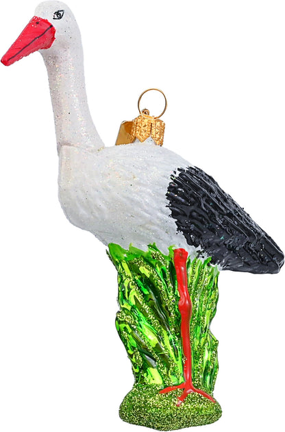Glas julekugle med motiv af en hvid stork