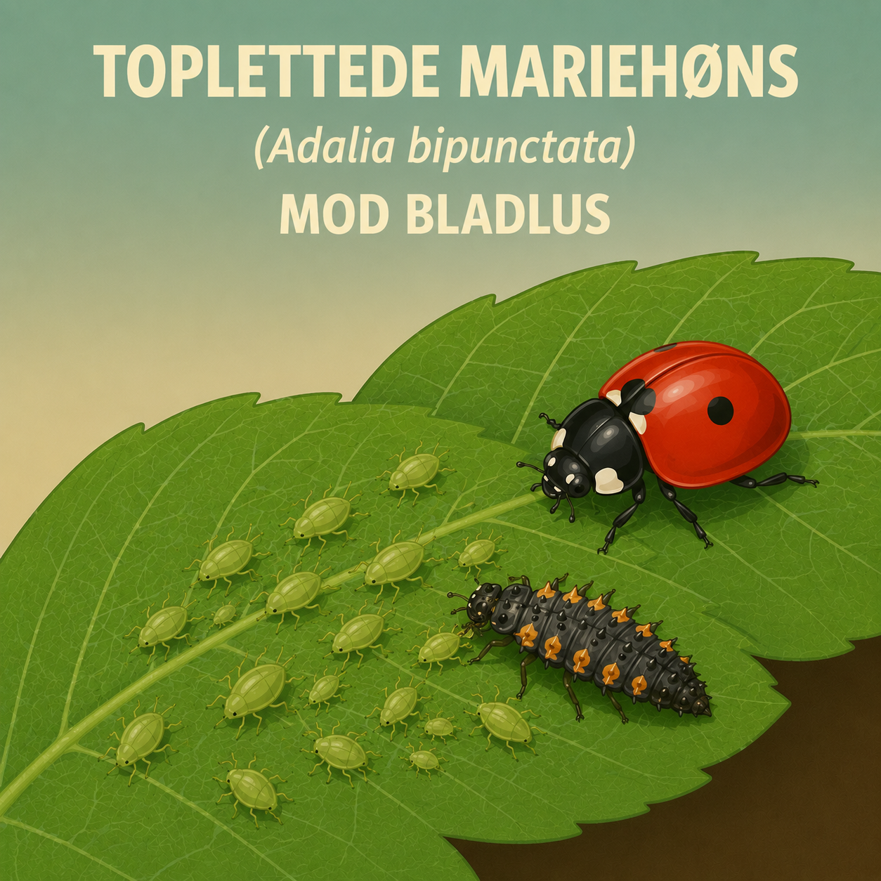Illustration af Toplettede mariehøns (Adalia bipunctata) på et blad med bladlus
