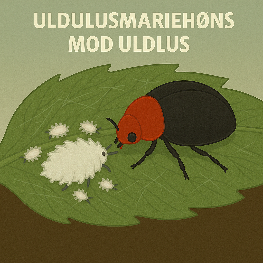 Illustration af Uldlusmariehøns (Cryptolaemus sp.), der spiser ulddlus