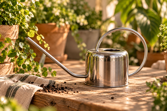 Lækker stålvandkande på træbord blandt planter