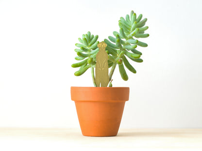 Surikatfigur i messing, der pynter i en potteplante